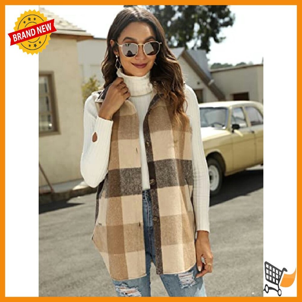 Women's Flannel Plaid Vest Sleeveless Button Down Shirt Jacket Pockets - Picture 5 of 8